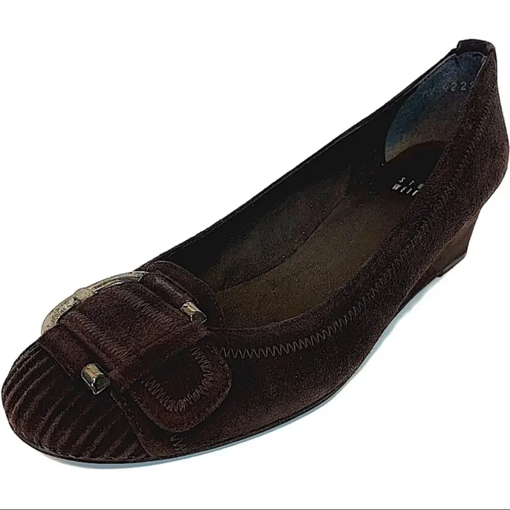 Stuart Weitzman Brown Suede Leather Buckle Wedge Shoes Women's Round Toe Size 6 - Picture 3 of 9